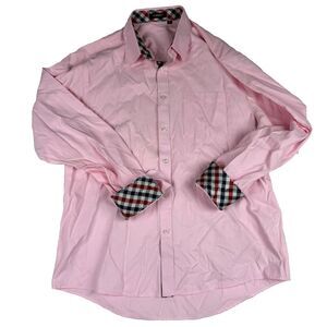 Pink Hisdern Mens Dress Shirt Size Large 17‎ Checkered Flip Cuff